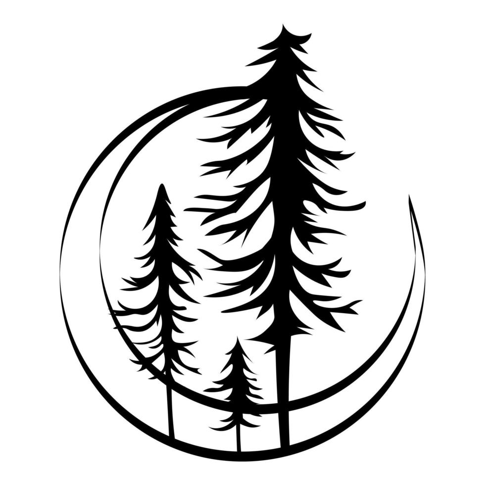 Graphic doodle sketch of magical forest and moon. Decorative vector element for design