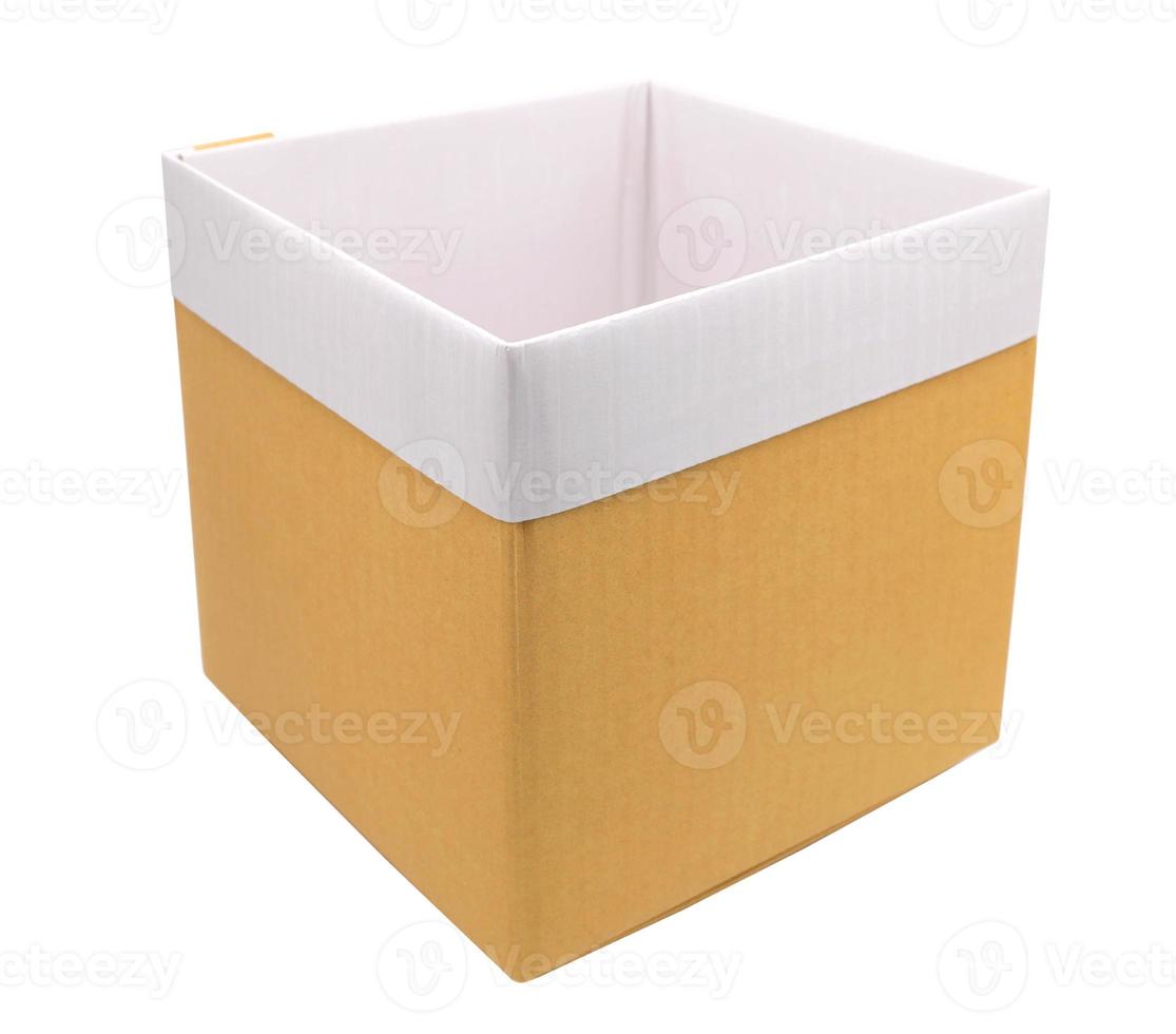 Openning cardboard box with white inner isolated on white background photo