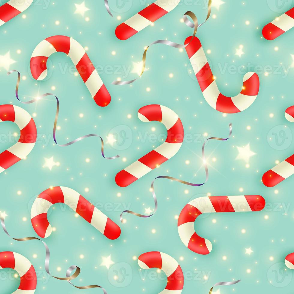 Candy cane seamless pattern. Christmas holiday background. Sweets with serpentine and glitter stars photo