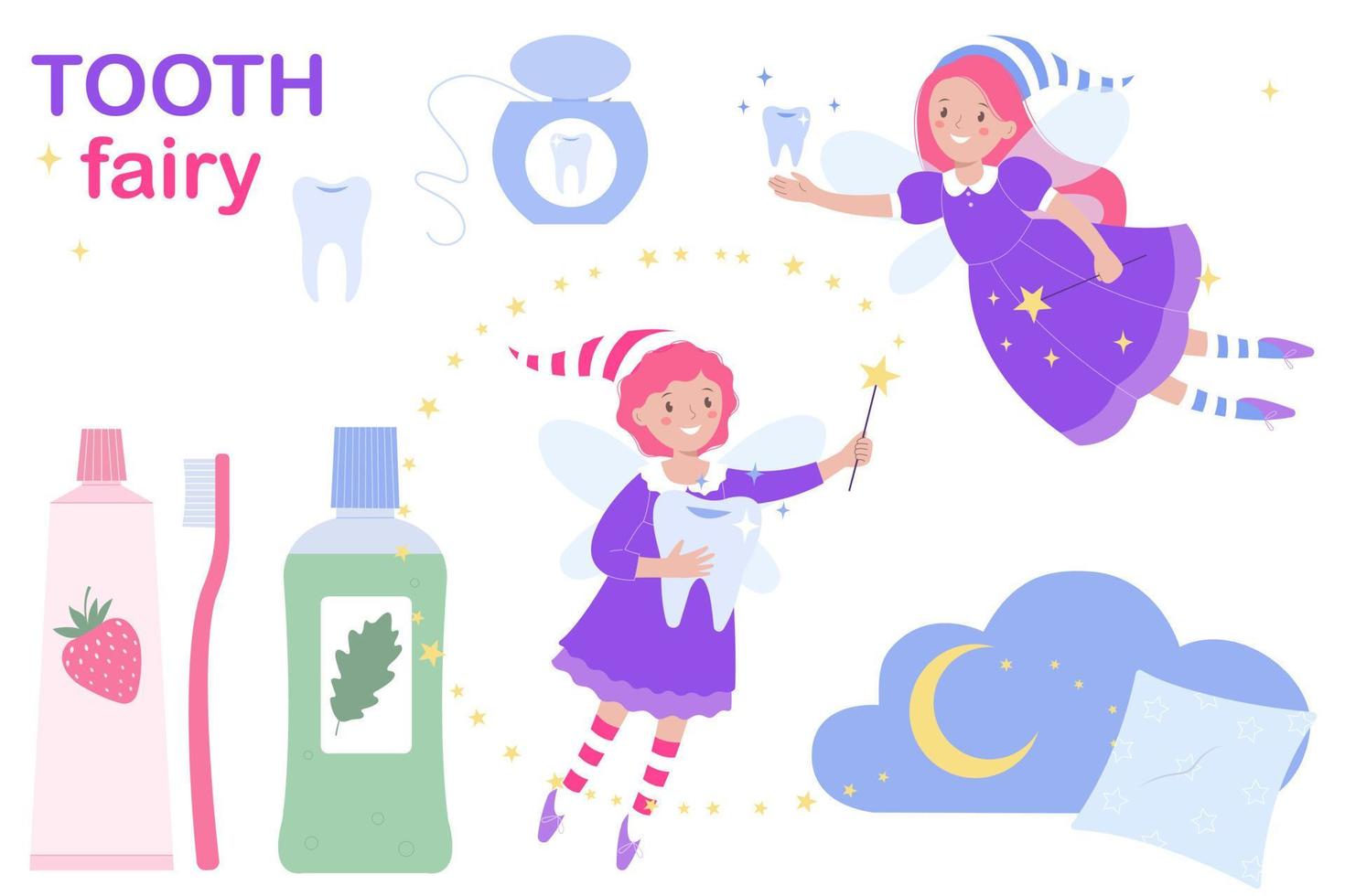 Two cute tooth fairies and elements of dental care. Set of items for dental hygiene vector