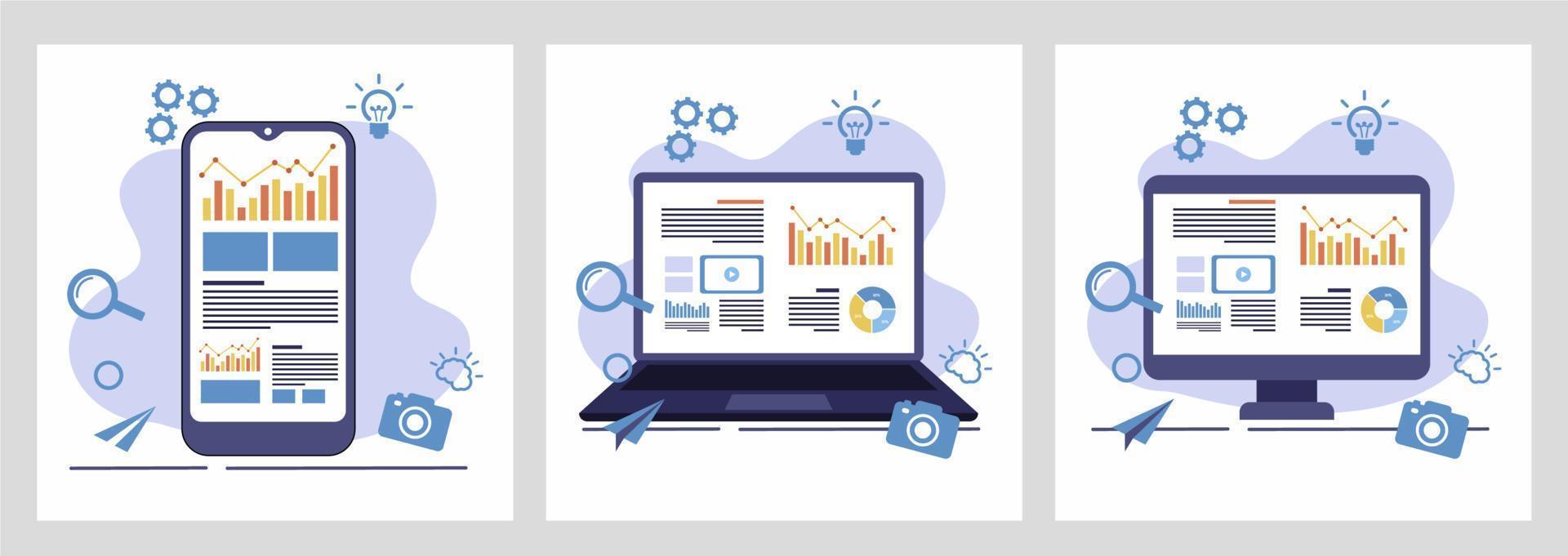 Digital marketing strategy team. Content manager. Flat cartoon character graphic design. Landing page template banner flyer poster web page vector