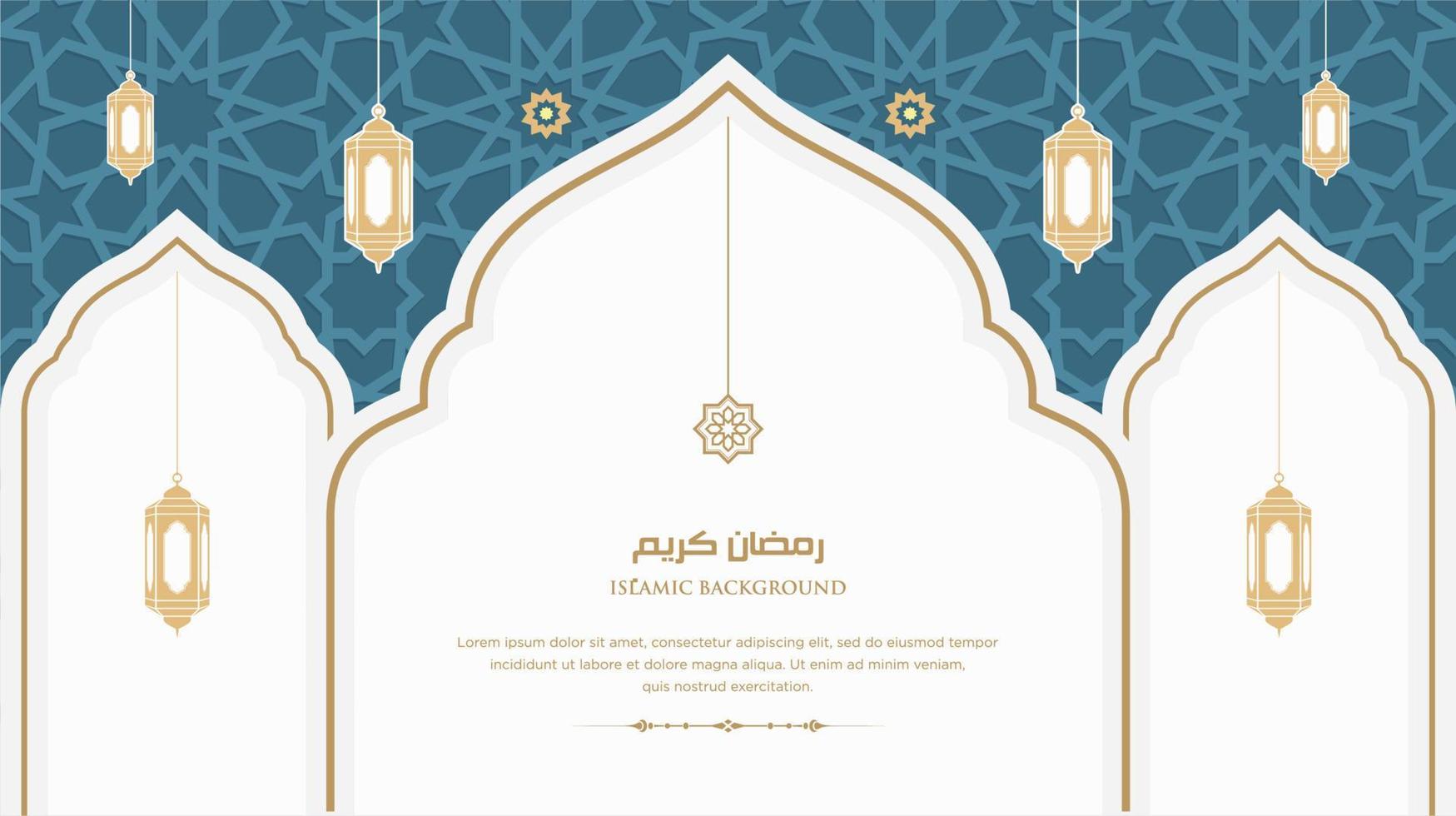 ramadan kareem árabe islámico elegante fondo de adorno de lujo blanco y dorado con patrón árabe y marco de arco de adorno decorativo vector