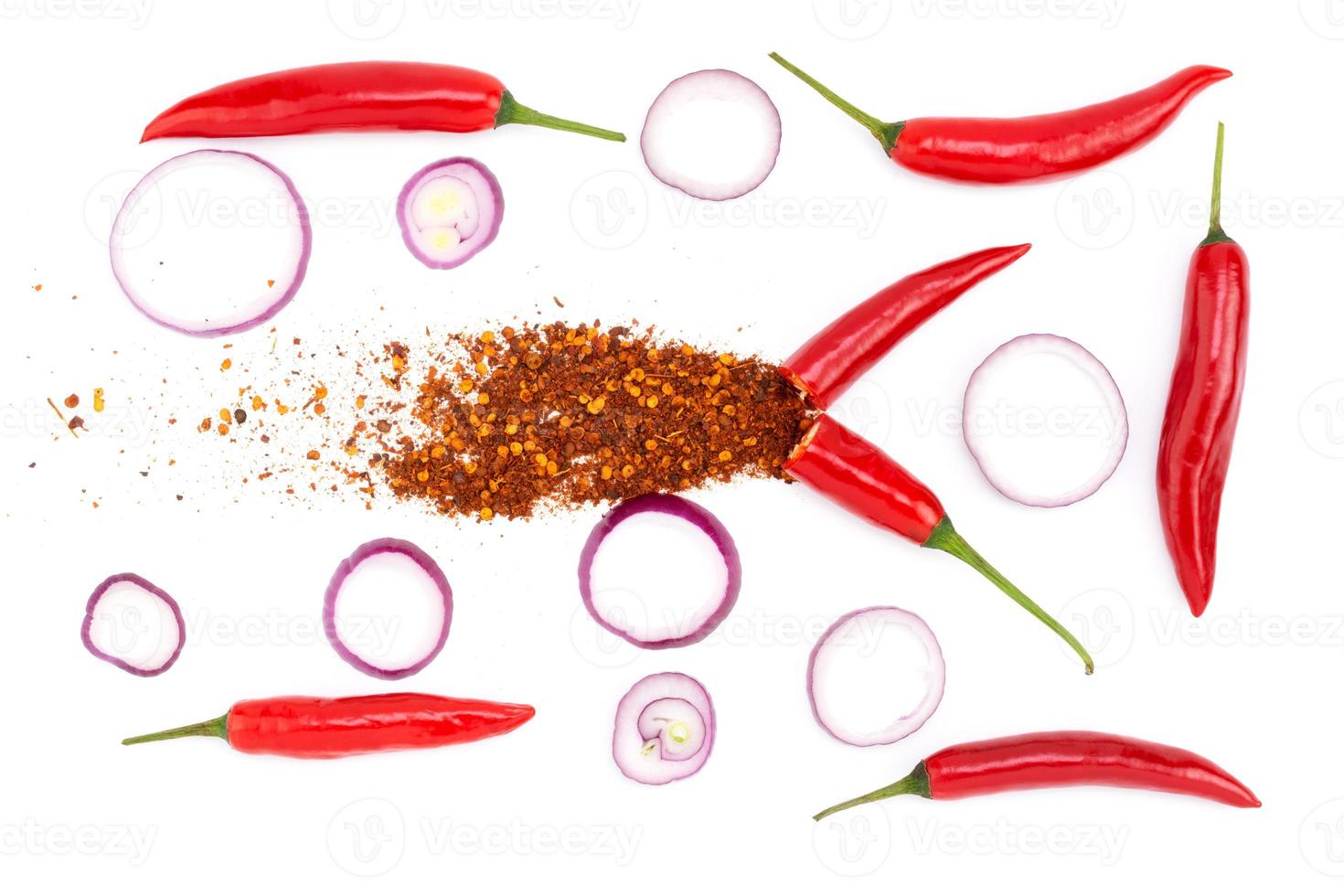 Composition of various herbs and spices vegetables rosemary pepper onion, garlic, fresh red chili, and garden mix for healthy food. isolated on white background, top view photo