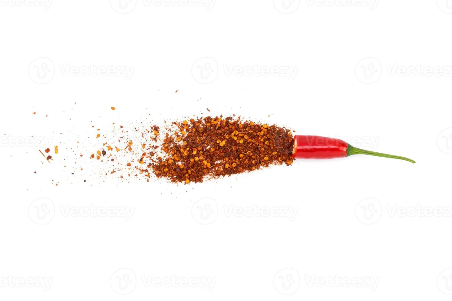 Fresh red chilies, paprika, hot, spice mix, Mexican paprika cayenne, organic plants, healthy vitamins. isolated on white background - top view photo