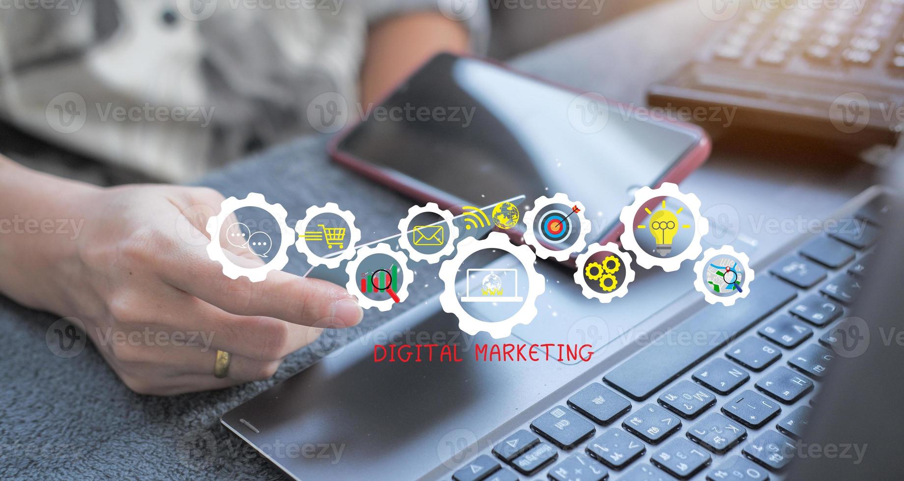 Concept digital marketing materials Advertise your website, email, social network, SEO, video, mobile app with icons and analyze ROI and strategy. photo
