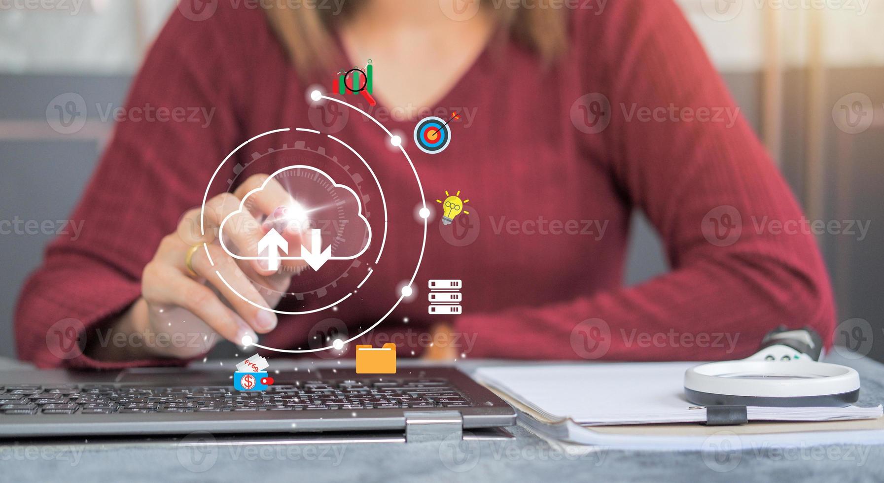 cloud icon concept of big data access, global network connection, data search, use of computing resources to make transactions with internet technology online and Cyber Security Data Protection. photo