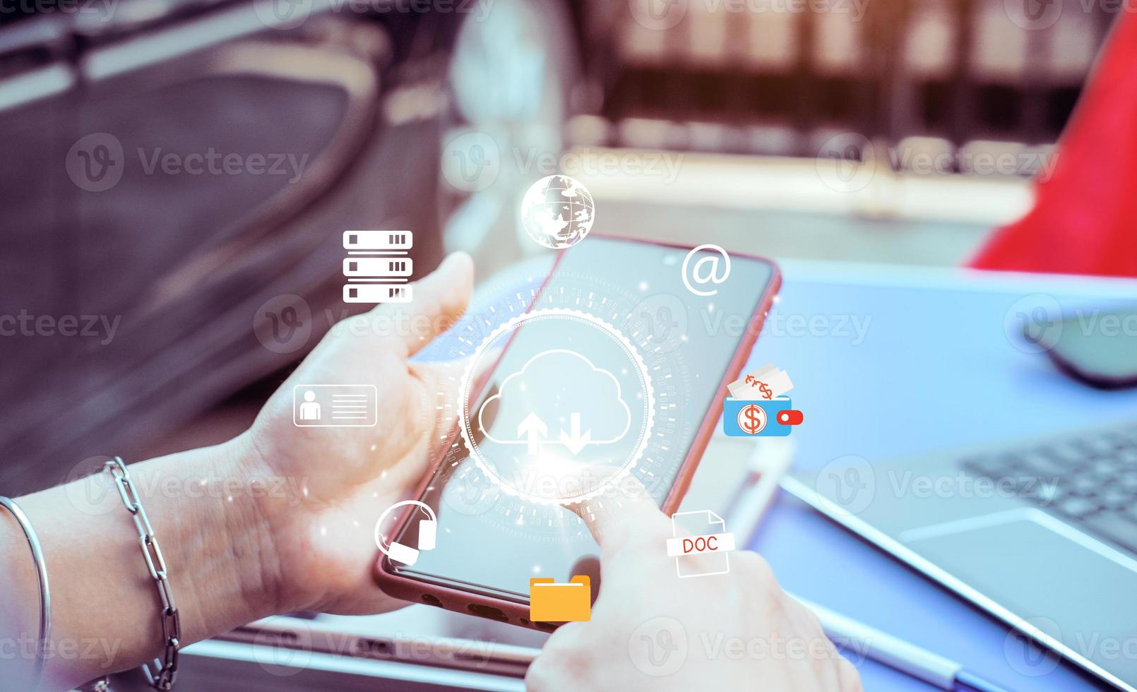 cloud icon concept of big data access, global network connection, data search, use of computing resources to make transactions with internet technology online and Cyber Security Data Protection. photo