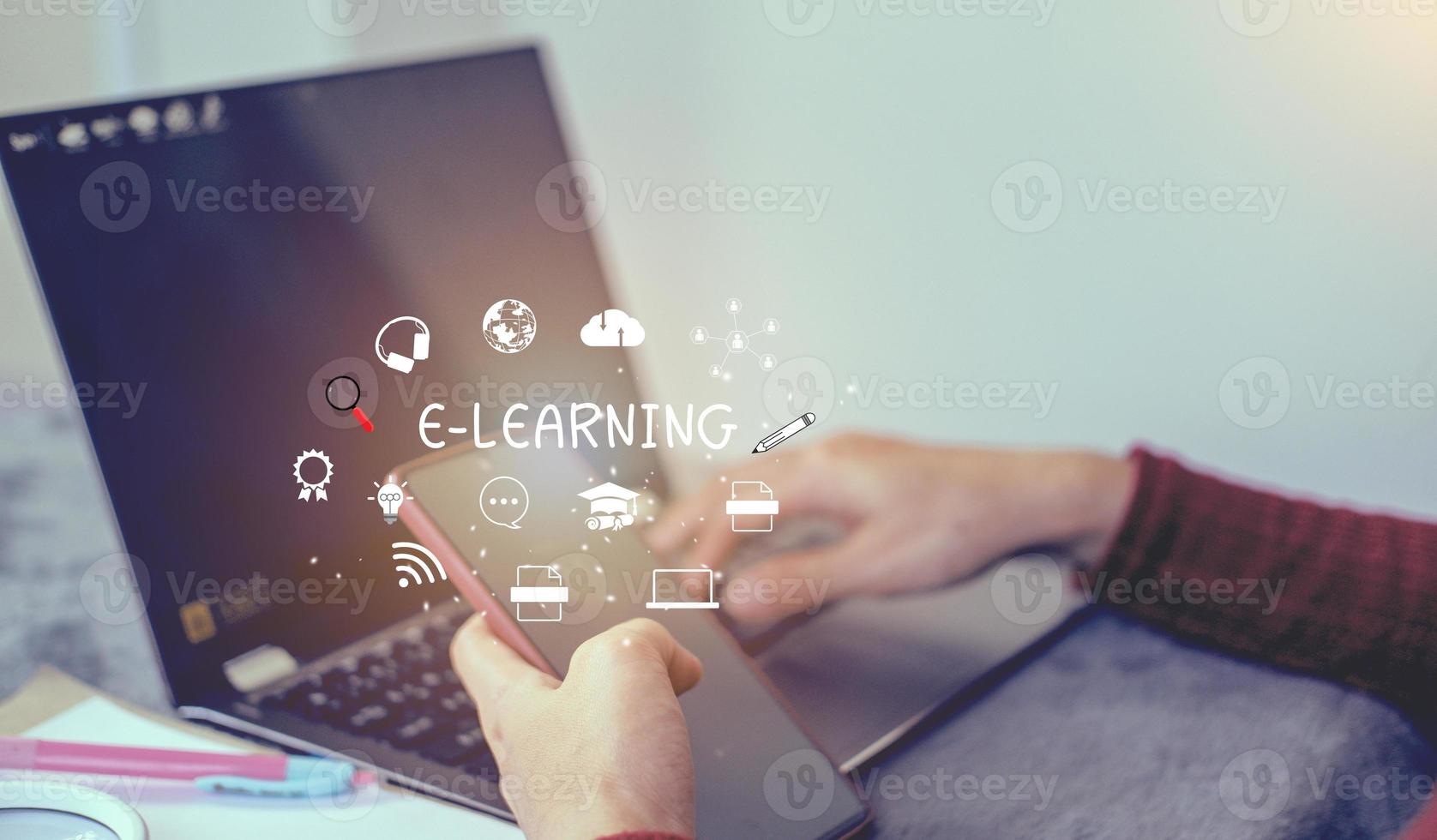 e-learning education concept online learning with webinars, video tutorials, internet lessons photo