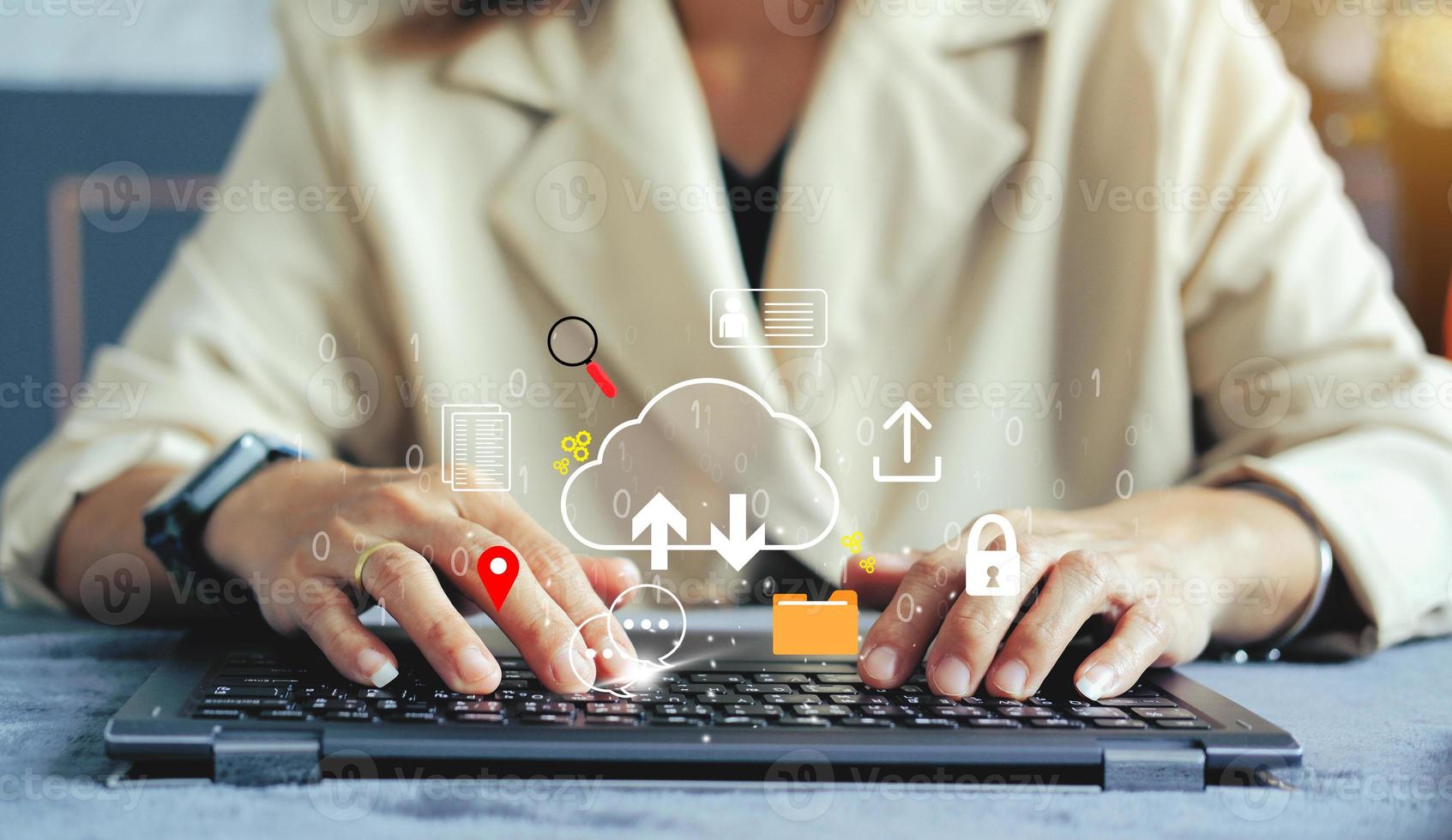 cloud icon concept of big data access, global network connection, data search, use of computing resources to make transactions with internet technology online and Cyber Security Data Protection. photo