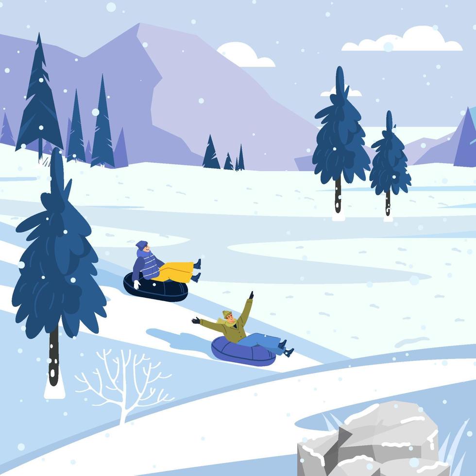 Friends Playing Snow Tubing Concept vector