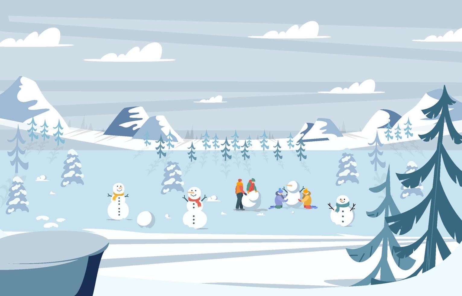 People Making Snowmans In Winter Background vector