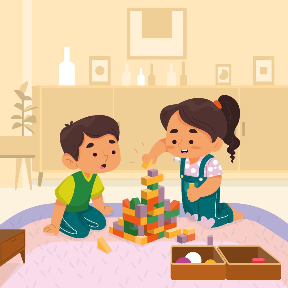 Children Playing Building Bricks In Living Room Concept vector