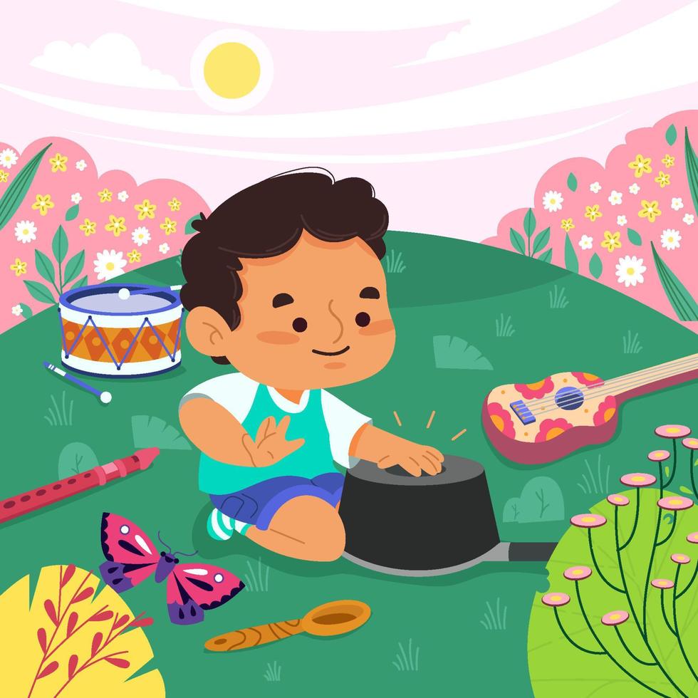 Boy Playing Music Instruments In The Garden Concept vector