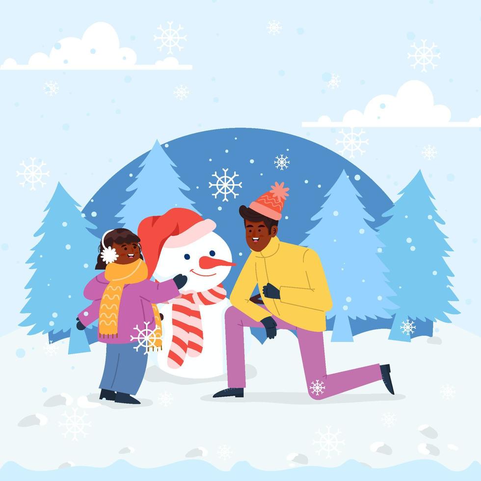 concepto de familia haciendo muñeco de nieve juntos vector