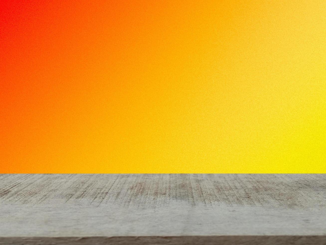 empty brown wooden table  yellow orange gradient backdrop  product presentation design template shop advertisement photo