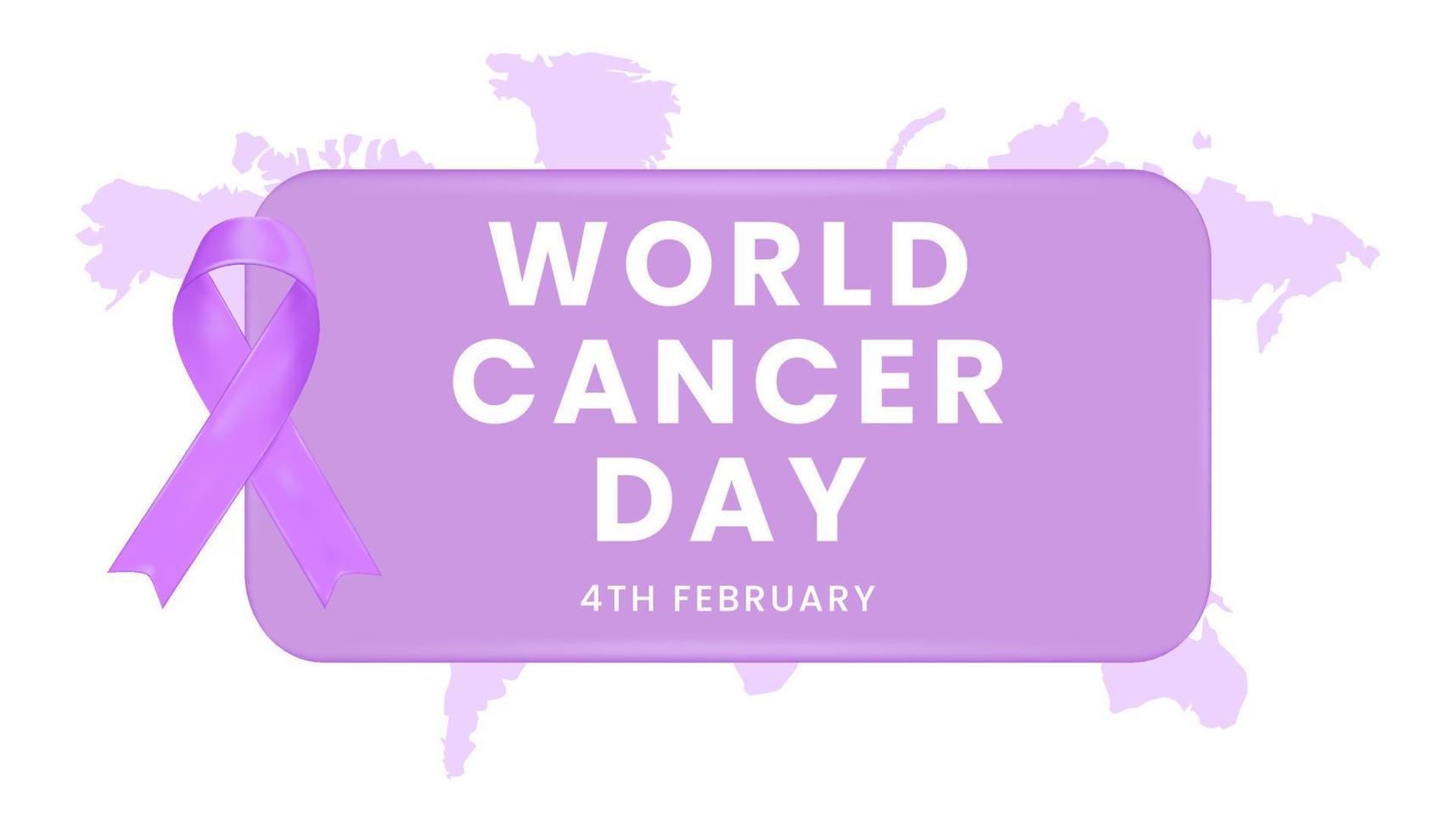 feliz día mundial del cáncer con cinta morada, mapa mundial y forma de rectángulo vector