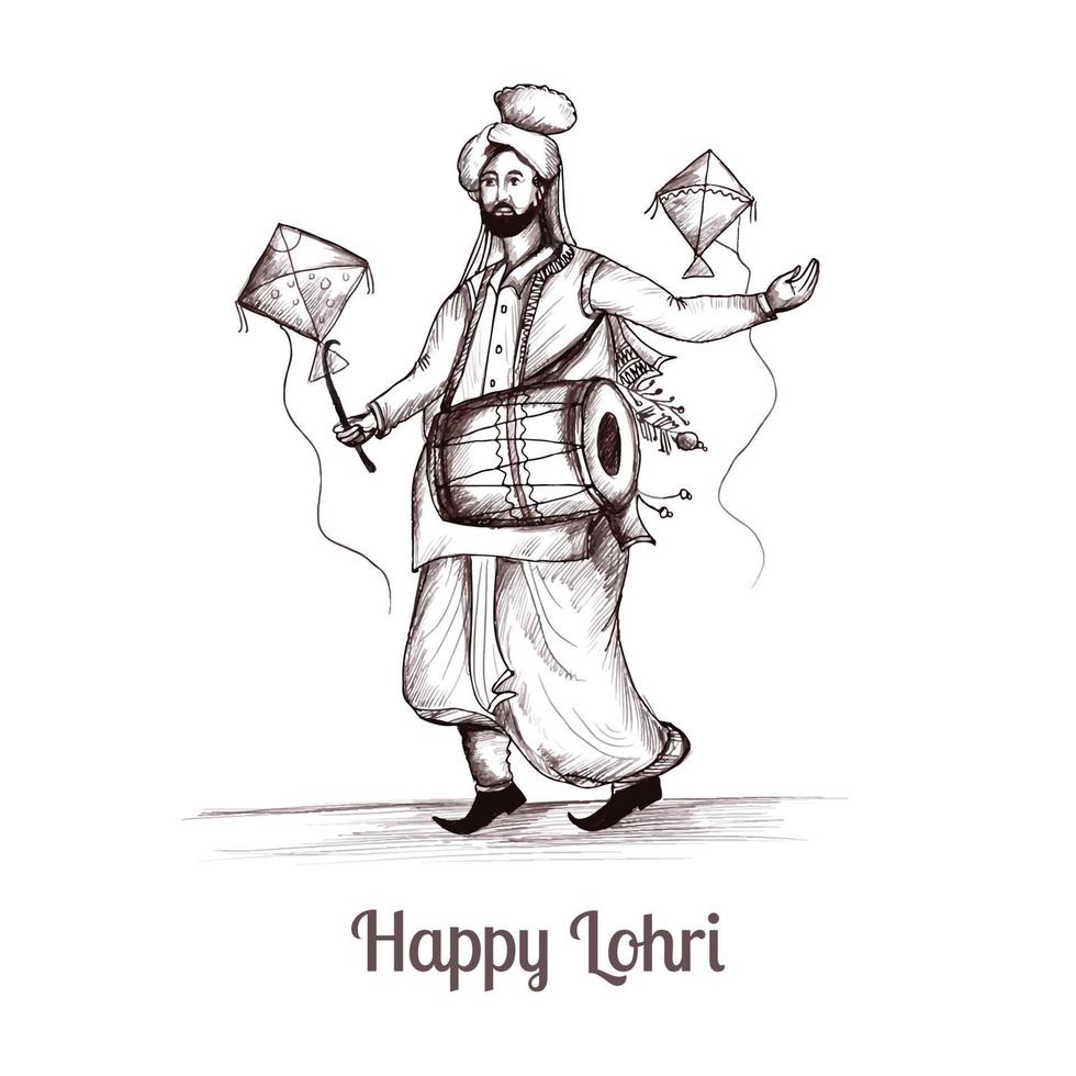 Hand draw happy lohri punjabi man sketch holiday card background vector