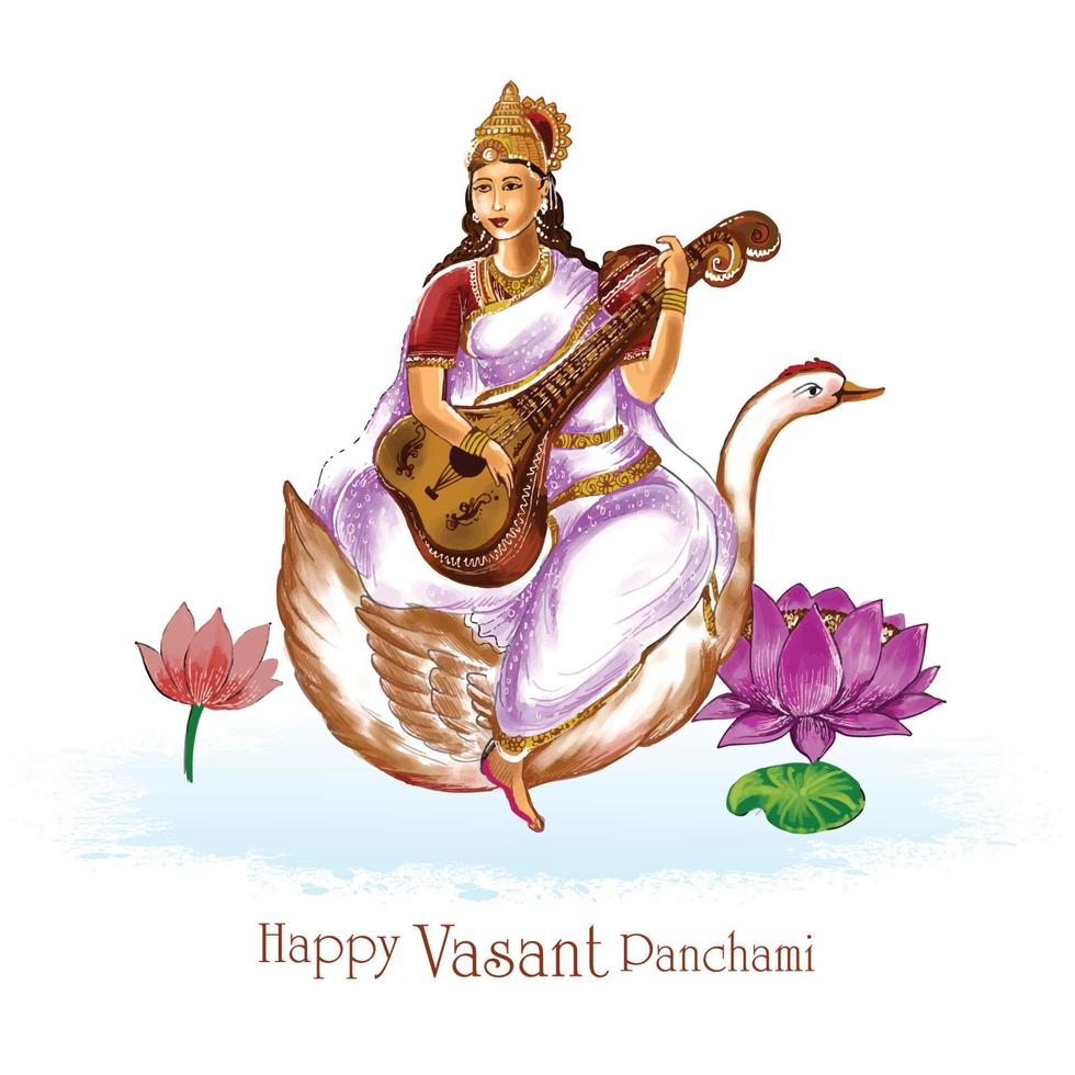 dios indio saraswati maa en el fondo del festival religioso vasant panchami vector