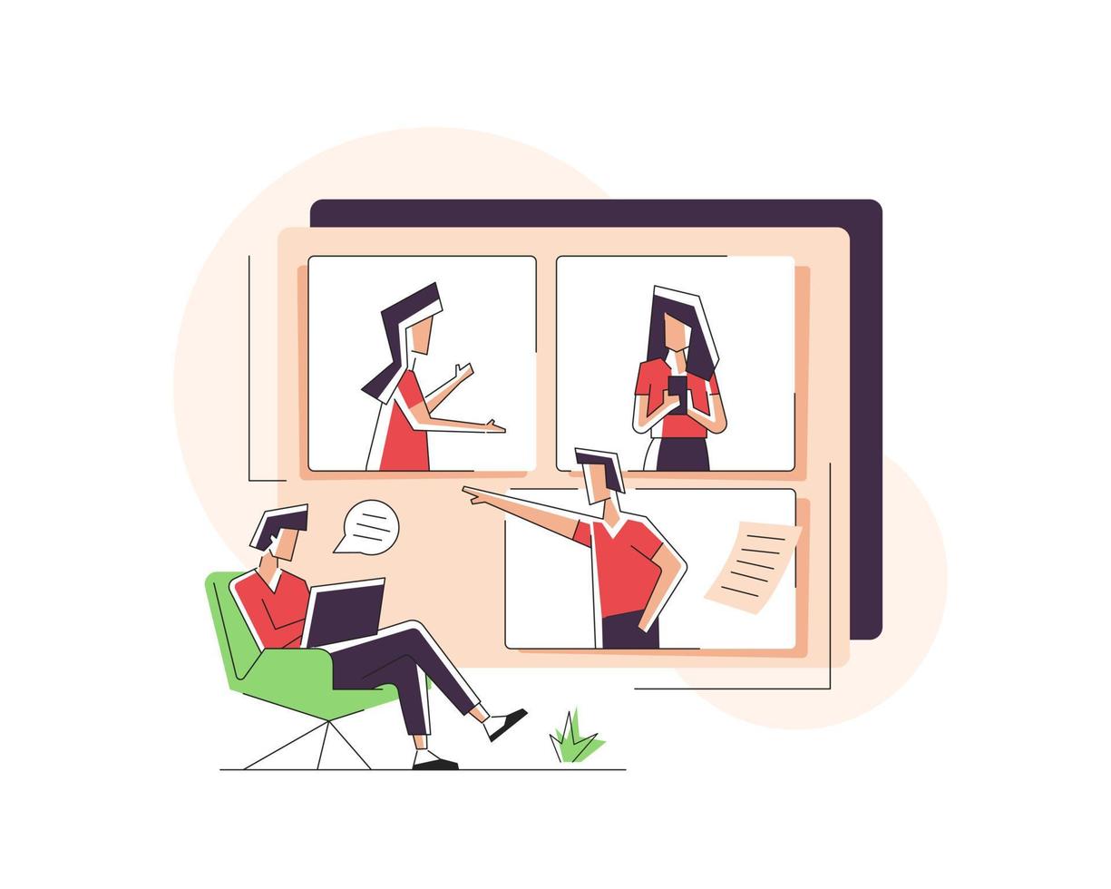 Collection of succesfull team illustrations . Bundle of men and women taking part in business meeting, negotiation, brainstorming, talking to each other. Teamwork concept outline vector illustrations