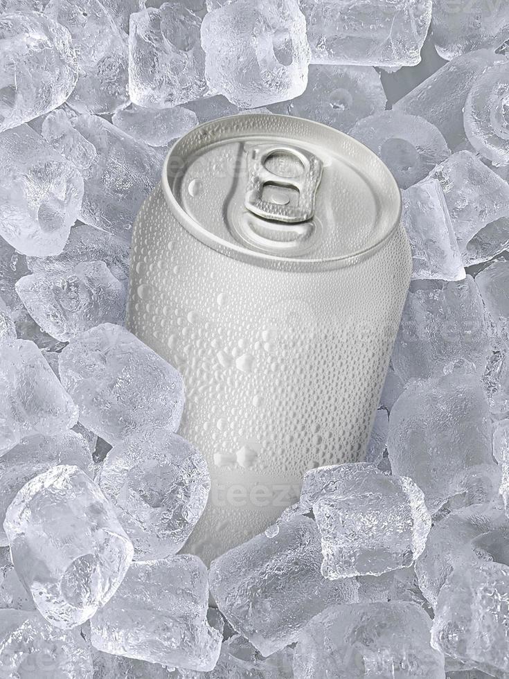 Can of cold beverage, ice cubea of juicy. Summer refreshing drink photo