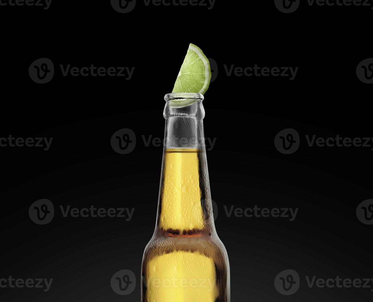 beer bottle with lime slice and frost on black background. 3d render photo