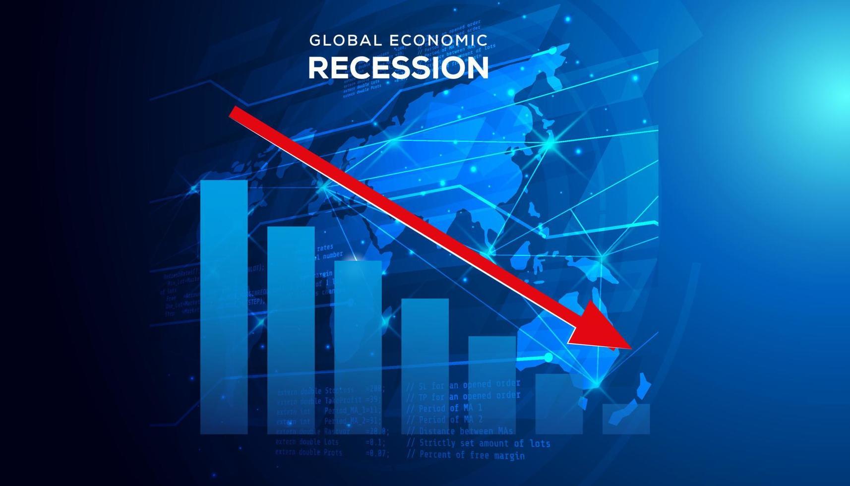 antecedentes de recesión mundial. ilustración de la recesión económica con el símbolo de la flecha roja cayendo vector