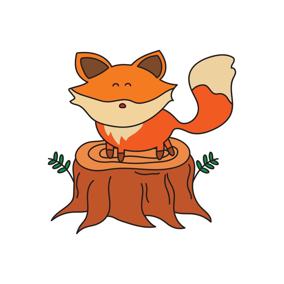 vector illustration of Hand drawn color children cute fox on a tree stump