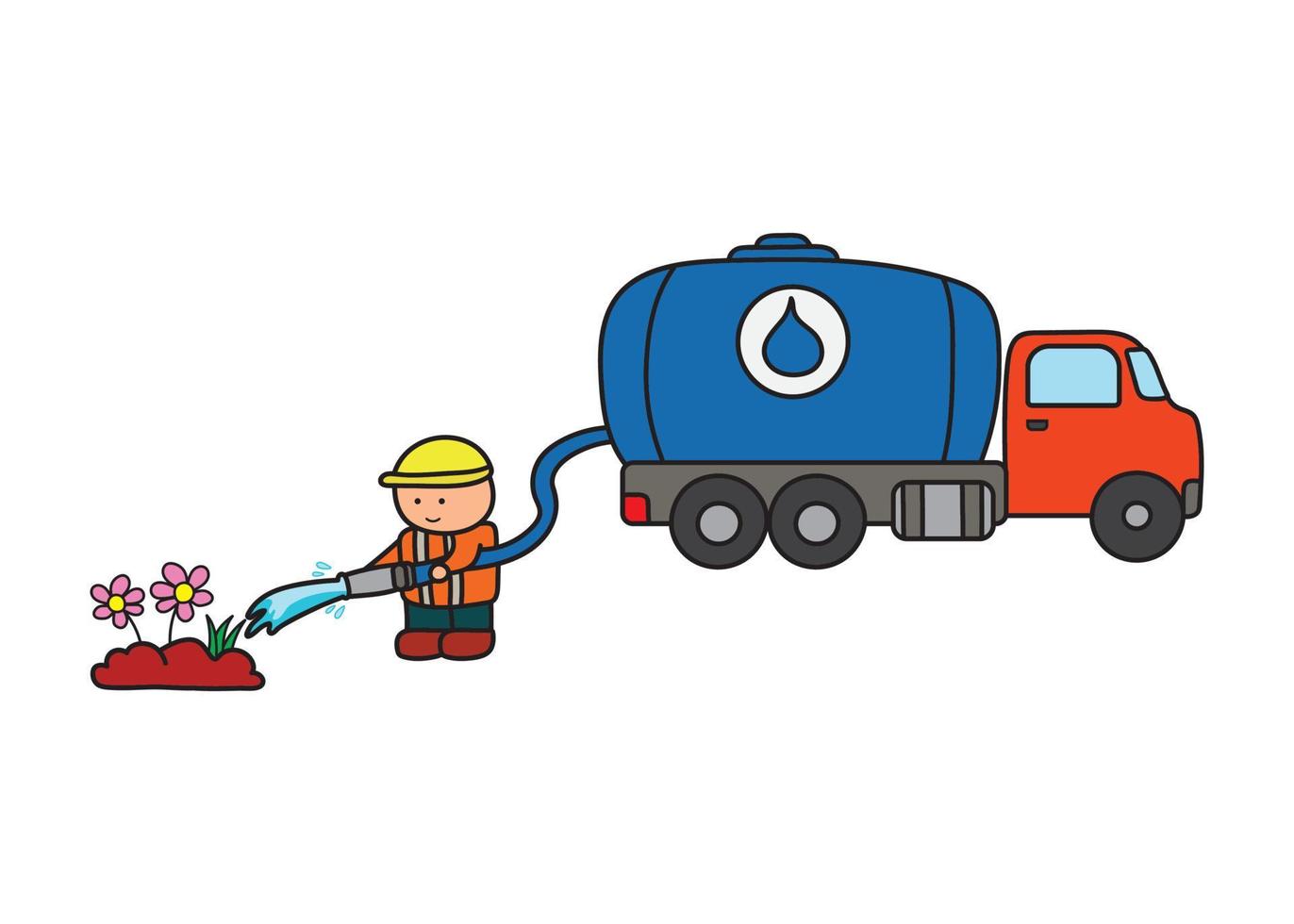 vector illustration of Hand drawn color children construction worker watering plants with water tank truck