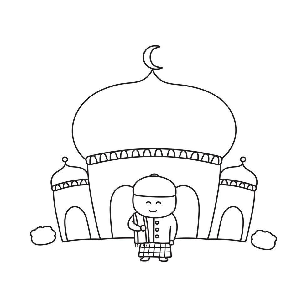 Hand drawn color children standing in front of a mosque vector