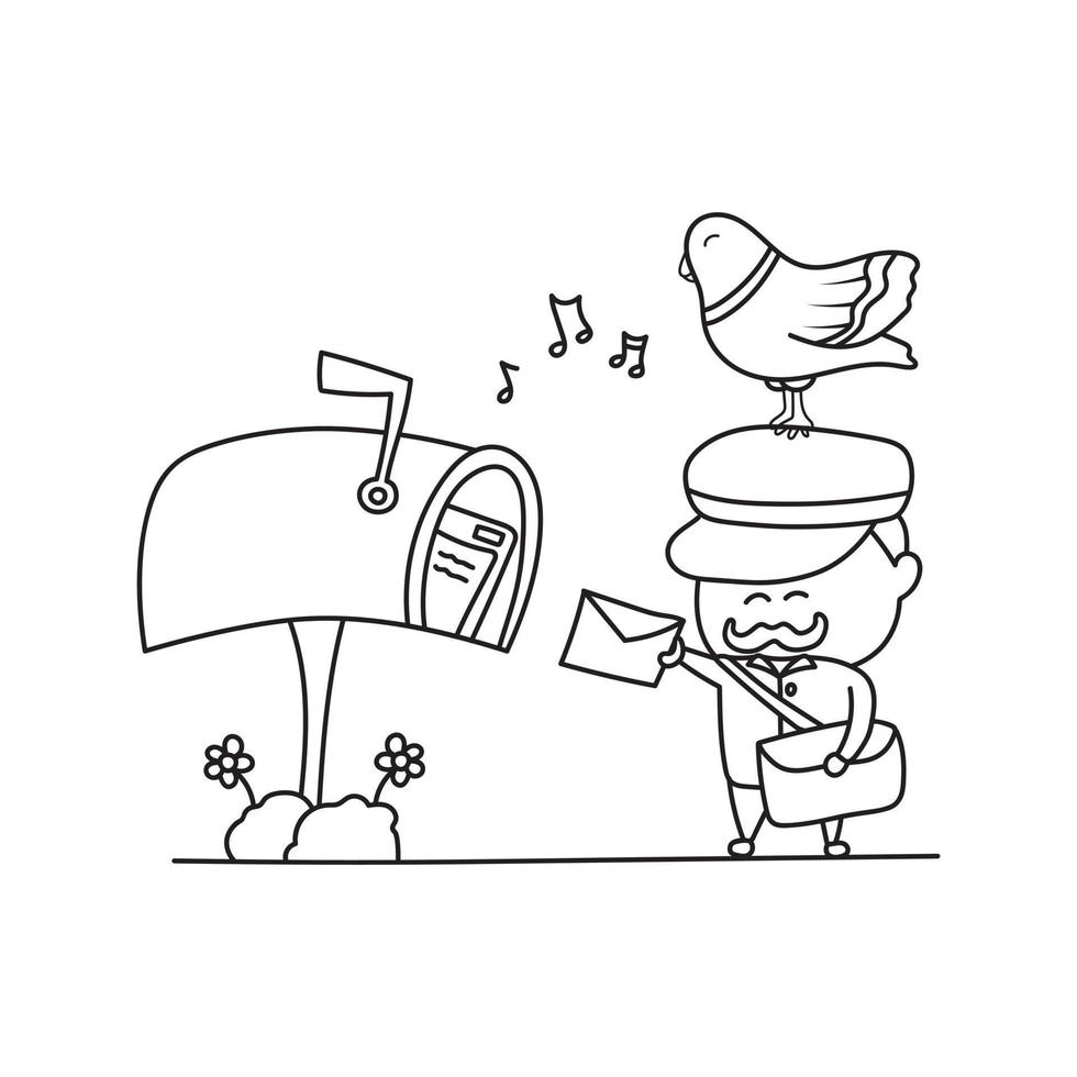 Hand drawn color children cute mailman with pigeon vector
