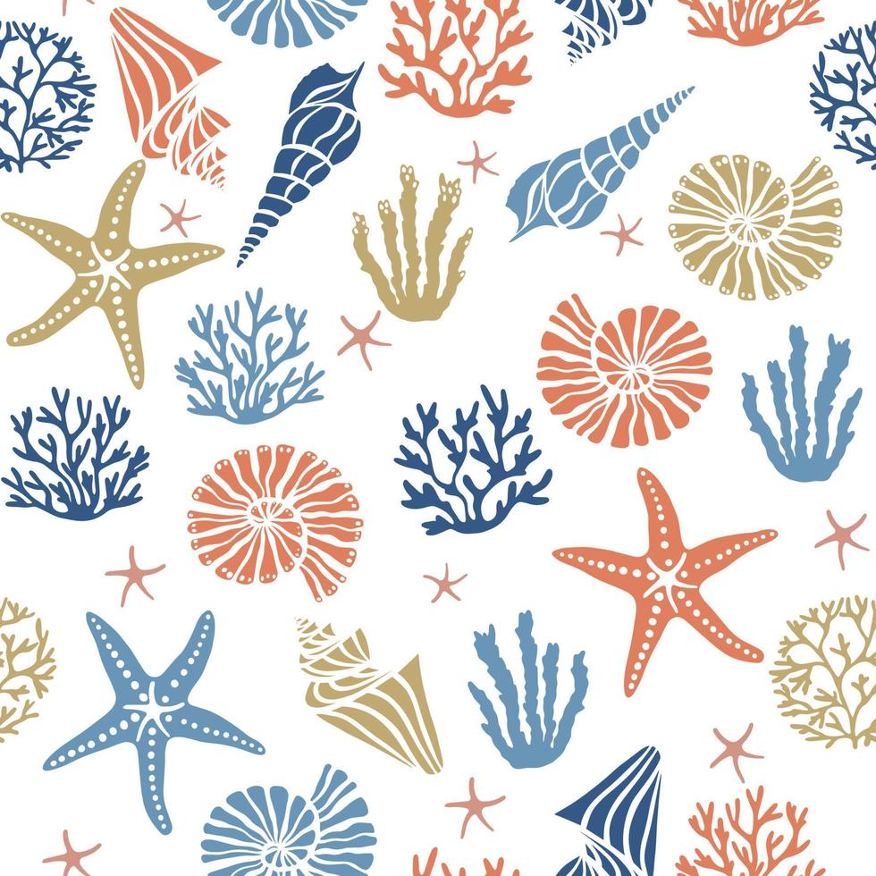 Seashells algae, corals and starfish seamless pattern vector