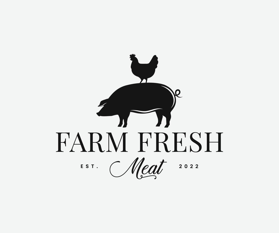 Farm Fresh Logo. Pig and Chicken farm logo design template vector