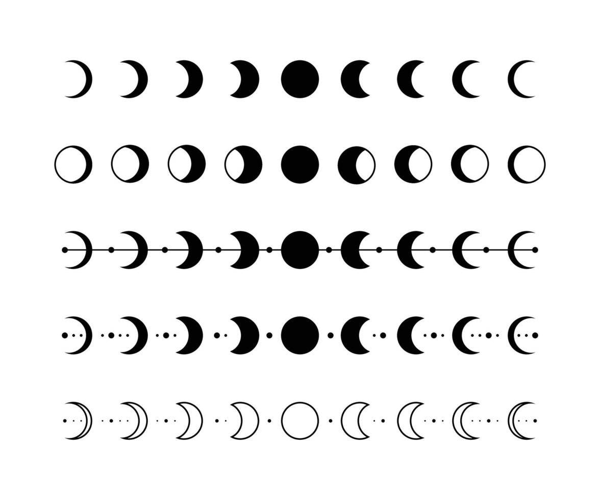 Moon phases silhouette black crescent icons. Phases of the moon flat icons vector collection