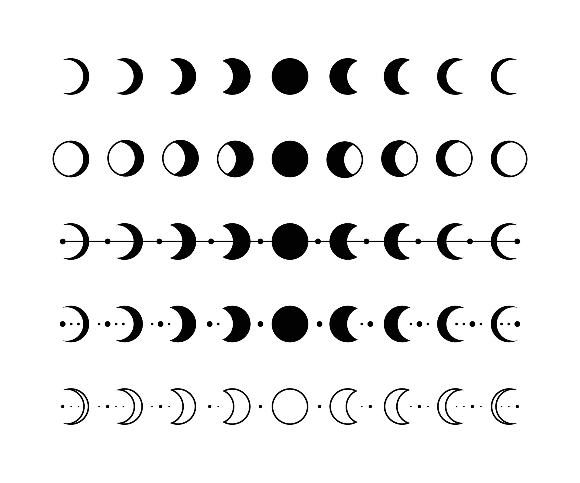 Moon phases silhouette black crescent icons. Phases of the moon flat