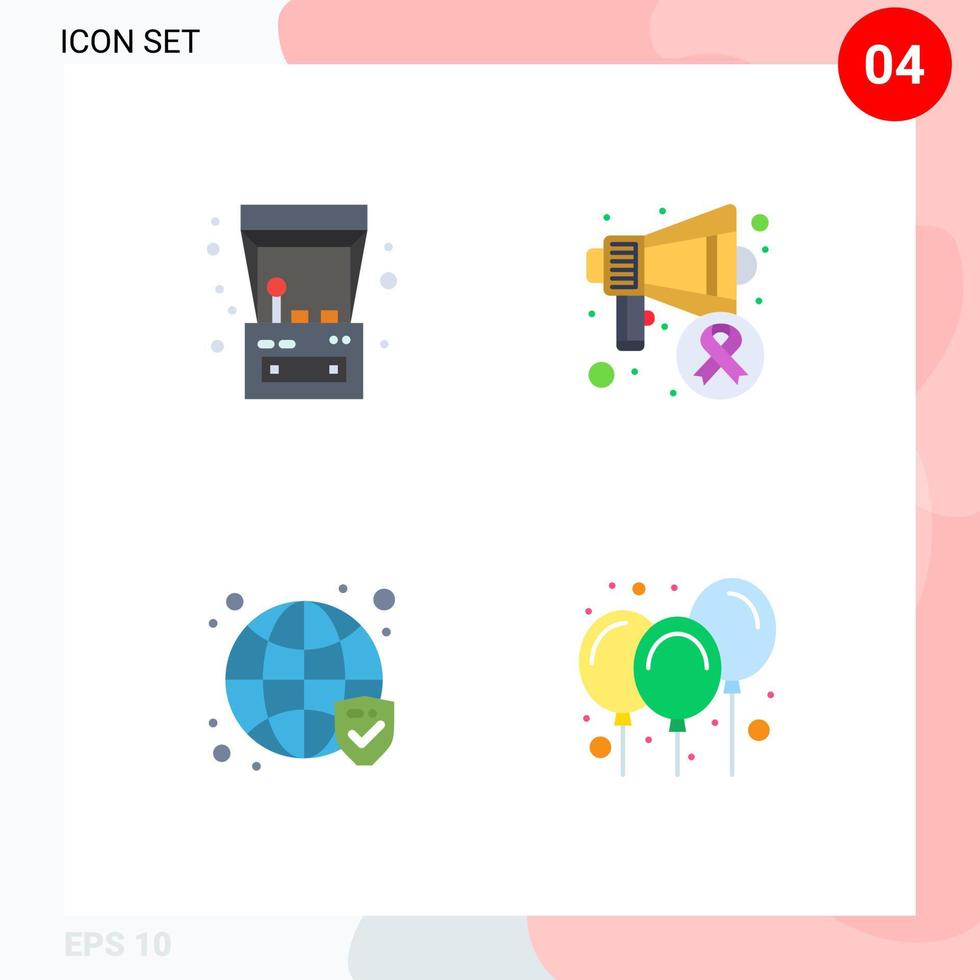 4 iconos planos universales establecidos para aplicaciones web y móviles máquina arcade juego seguro día del cáncer elementos de diseño vectorial editables verificados vector