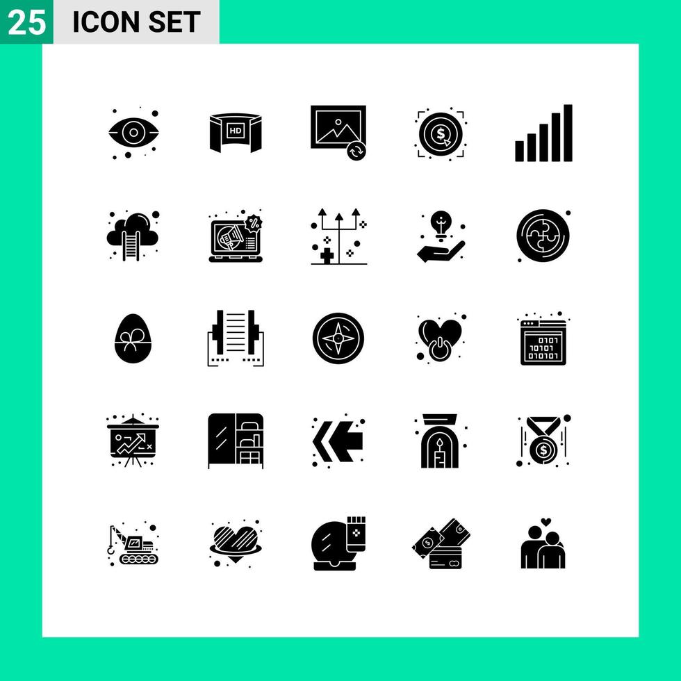Pack of 25 creative Solid Glyphs of phone target hd money marketing Editable Vector Design Elements