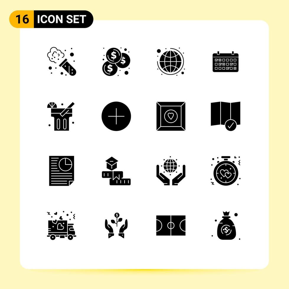 16 Solid Glyph concept for Websites Mobile and Apps food lemonade plan time mounth Editable Vector Design Elements