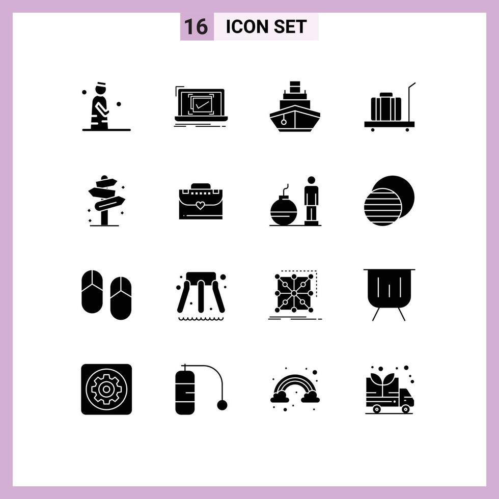 Pack of 16 Modern Solid Glyphs Signs and Symbols for Web Print Media such as scale baggage good vehicles transport Editable Vector Design Elements