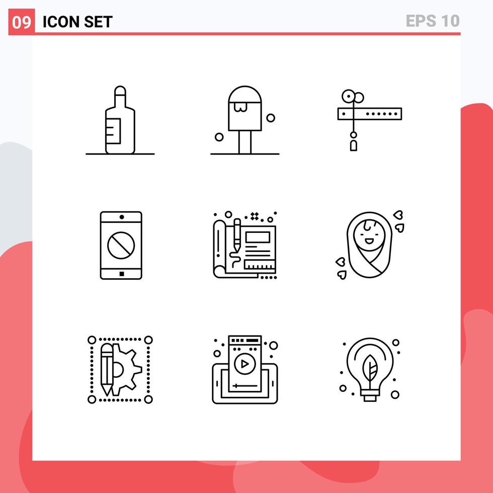 9 Universal Outline Signs Symbols of sketch design cut blueprint disabled mobile Editable Vector Design Elements