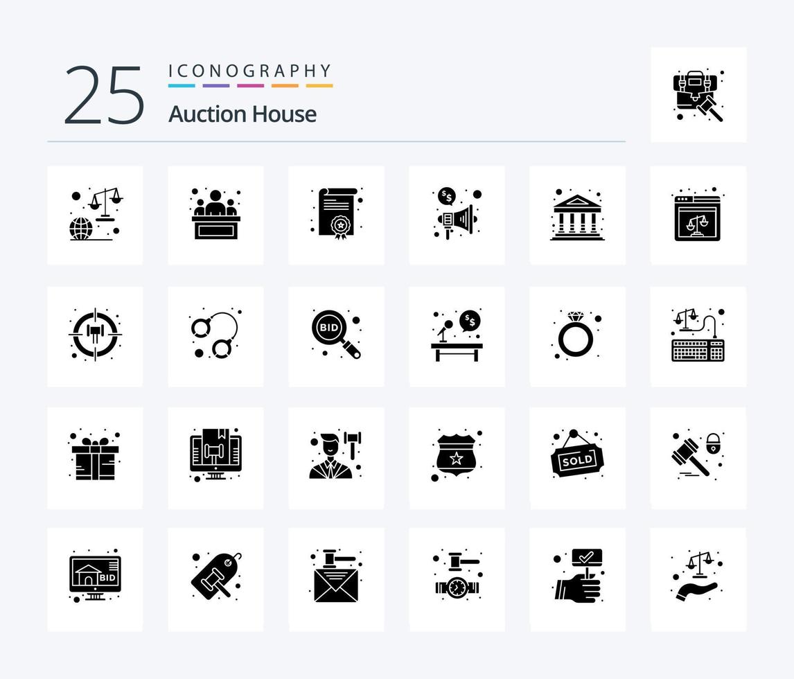 Auction 25 Solid Glyph icon pack including building. gallery. certification. art. megaphone vector