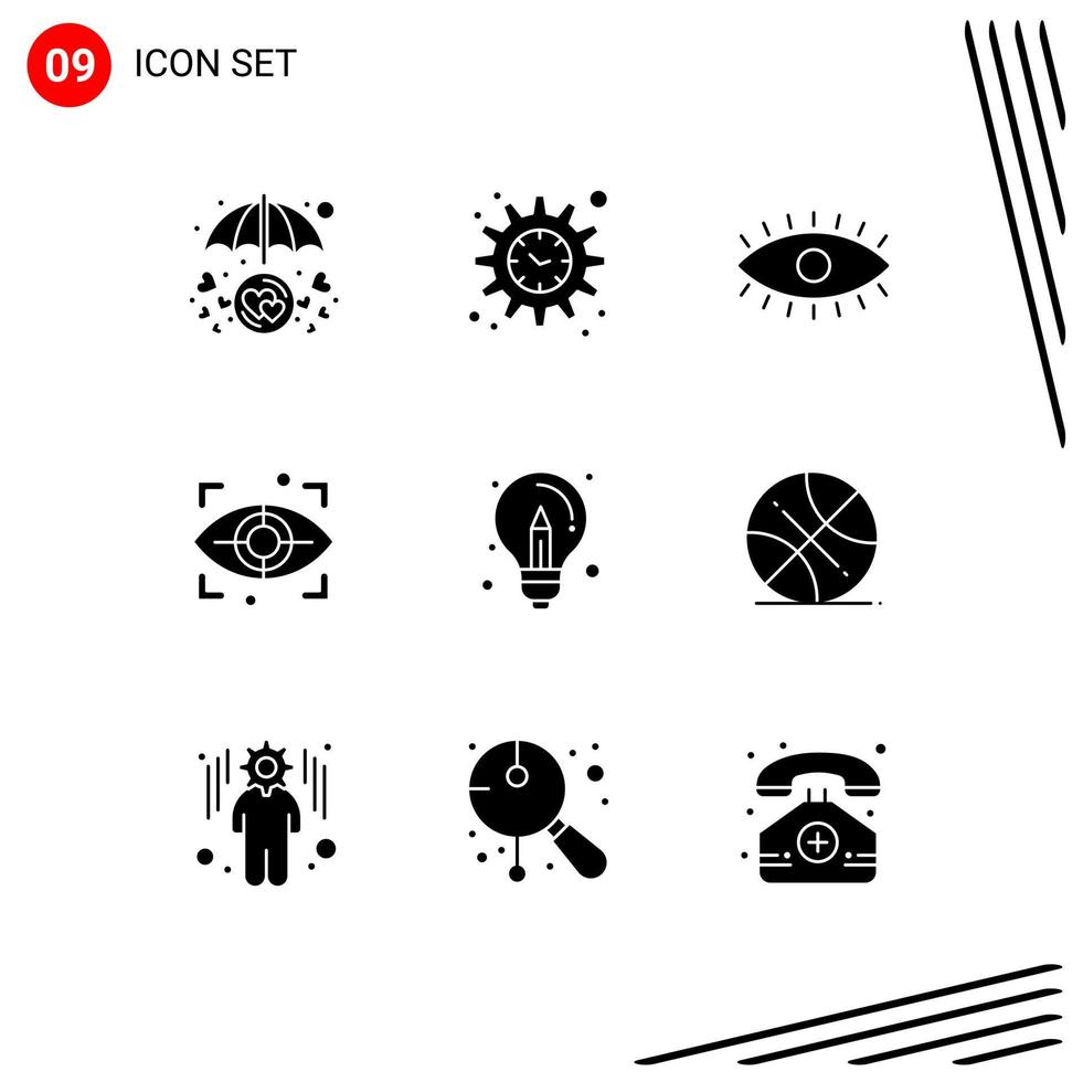 9 Universal Solid Glyphs Set for Web and Mobile Applications creative bulb eye security eye Editable Vector Design Elements