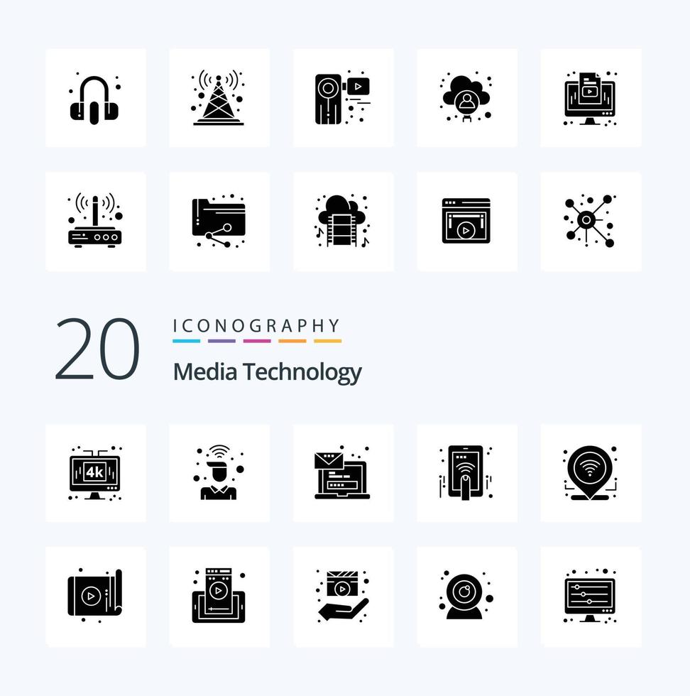 20 Media Technology Solid Glyph icon Pack like touch hand user login laptop vector