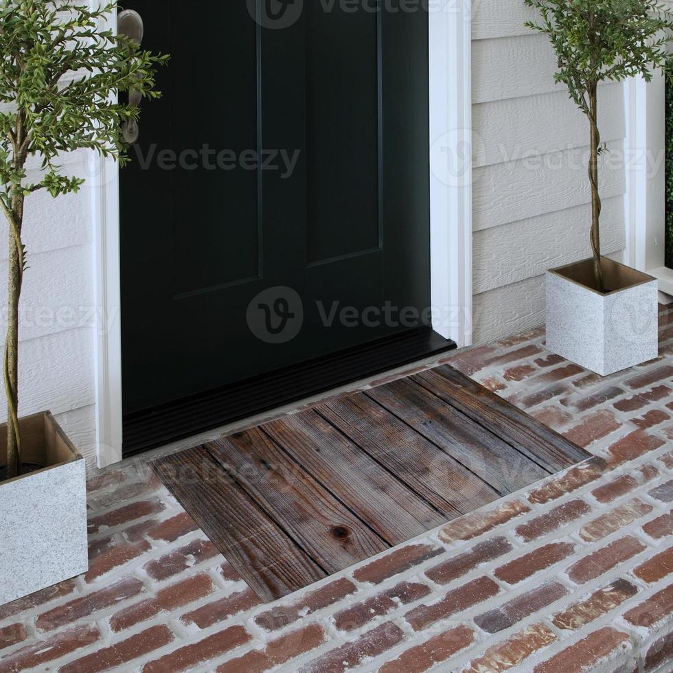 felpudo de entrada de bienvenida de diseñador colocado en un piso de ladrillo macizo fuera de la puerta de entrada con plantas foto