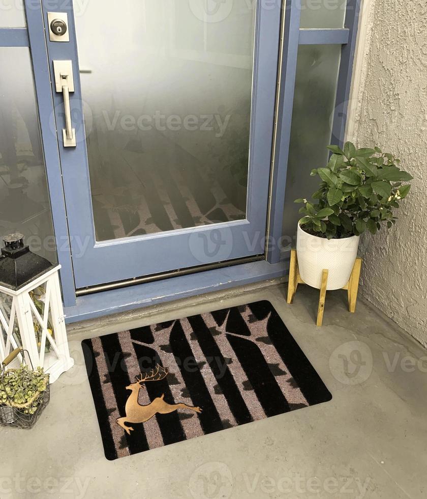 felpudo de entrada de bienvenida de diseñador colocado fuera de la puerta de entrada con planta y lámpara foto