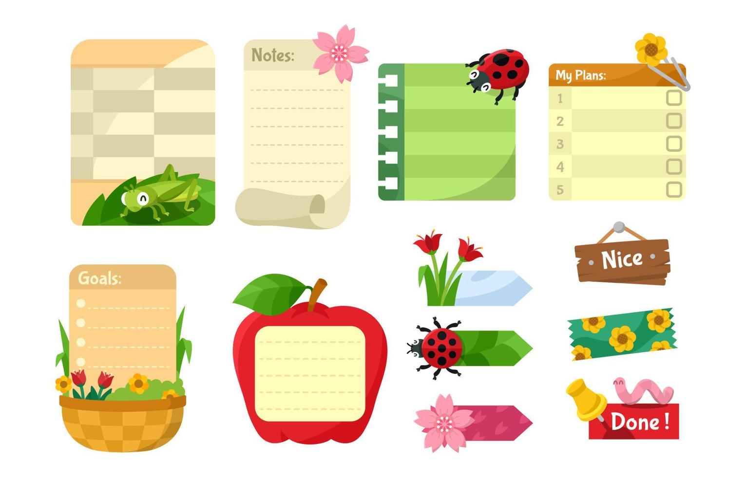 conjunto de plantilla de notas de flores e insectos vector