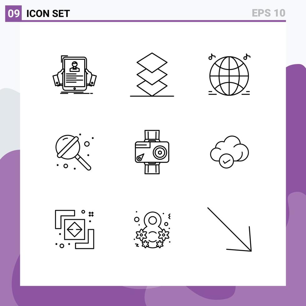 Set of 9 Commercial Outlines pack for digital camera world sweets lollipop Editable Vector Design Elements