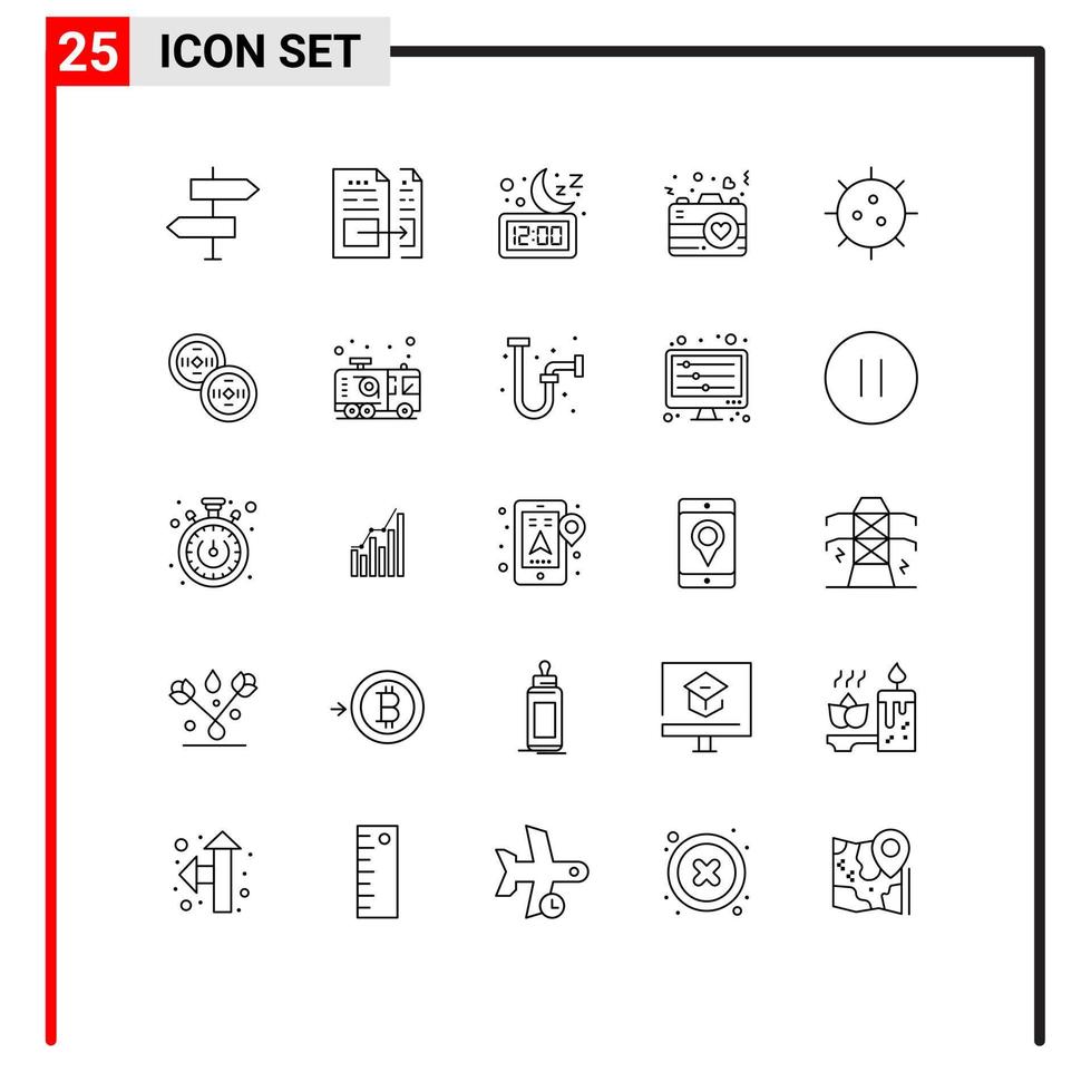 Universal Icon Symbols Group of 25 Modern Lines of love camera file time night Editable Vector Design Elements