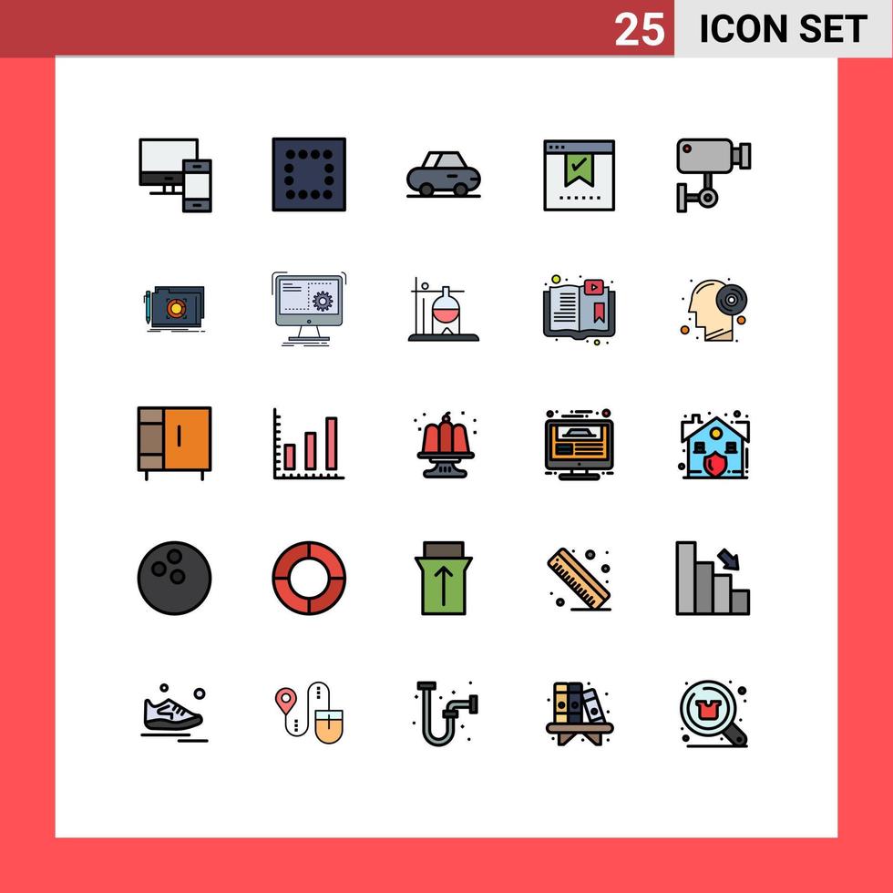 grupo de símbolos de iconos universales de 25 colores planos modernos de líneas llenas de elementos de diseño de vectores editables de la oficina de cámara roadster del dispositivo de vigilancia