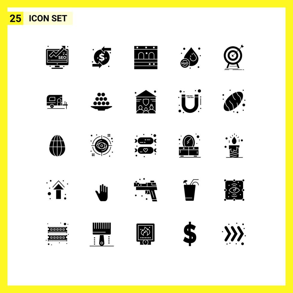 grupo de 25 signos y símbolos de glifos sólidos para el agua de la puerta del objetivo del mercado elementos de diseño de vectores editables