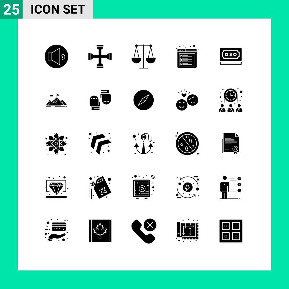 25 Universal Solid Glyph Signs Symbols of money web balanced tab browser Editable Vector Design Elements